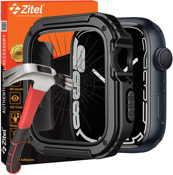 Zitel Rugged Case for Apple Watch Series 9 / 8 / 7 41mm Screen Protector Case with Built-in 9H Tempered Glass - Black