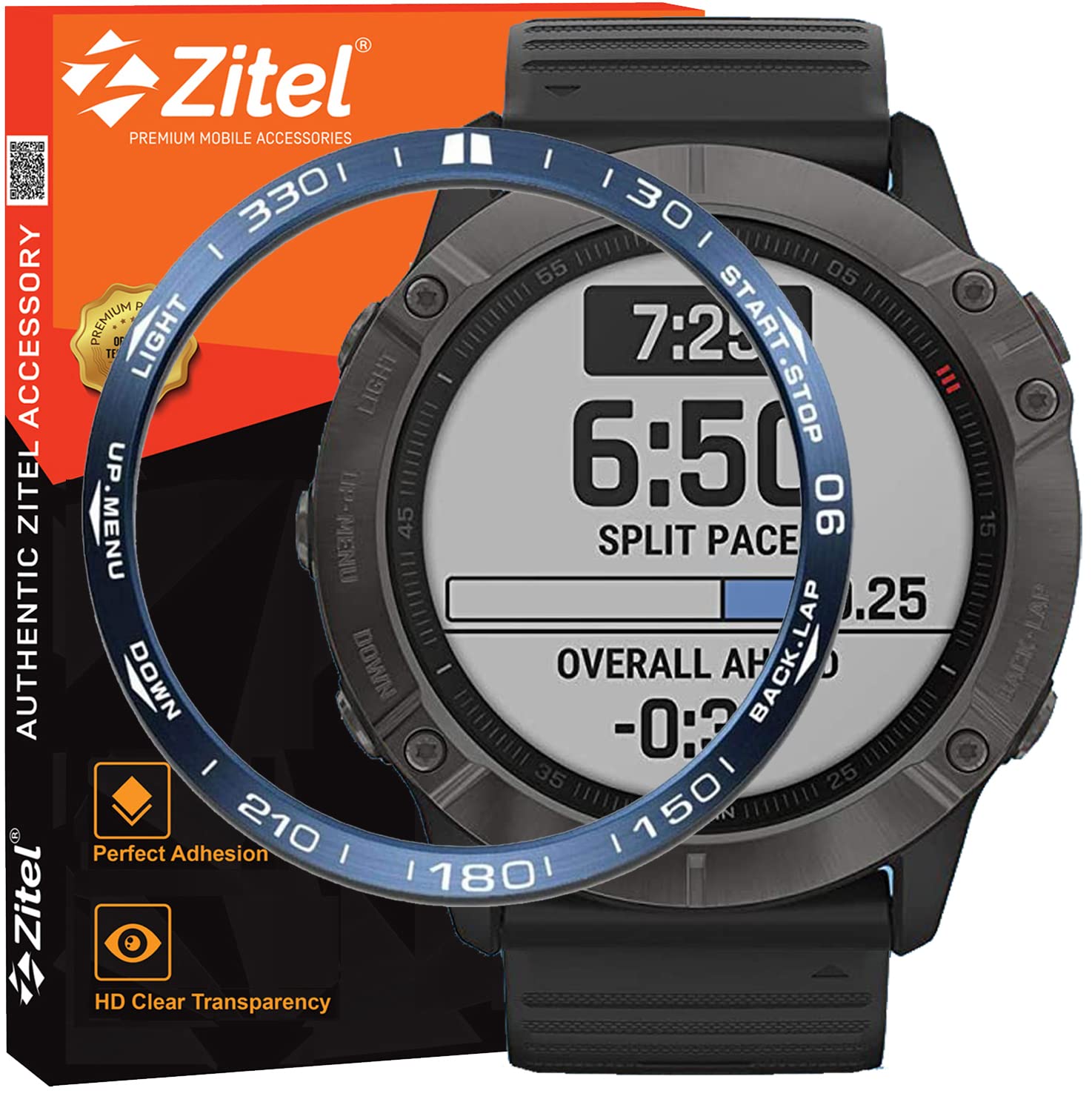 Zitel Bezel Styling for Garmin Fenix 6X / Fenix 6X Pro Bezel Ring Adhesive Cover Stainless Steel Protector - Blue