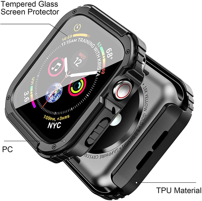 Zitel Rugged Case for Apple Watch Series 9 / 8 / 7 41mm Screen Protector Case with Built-in 9H Tempered Glass - Black