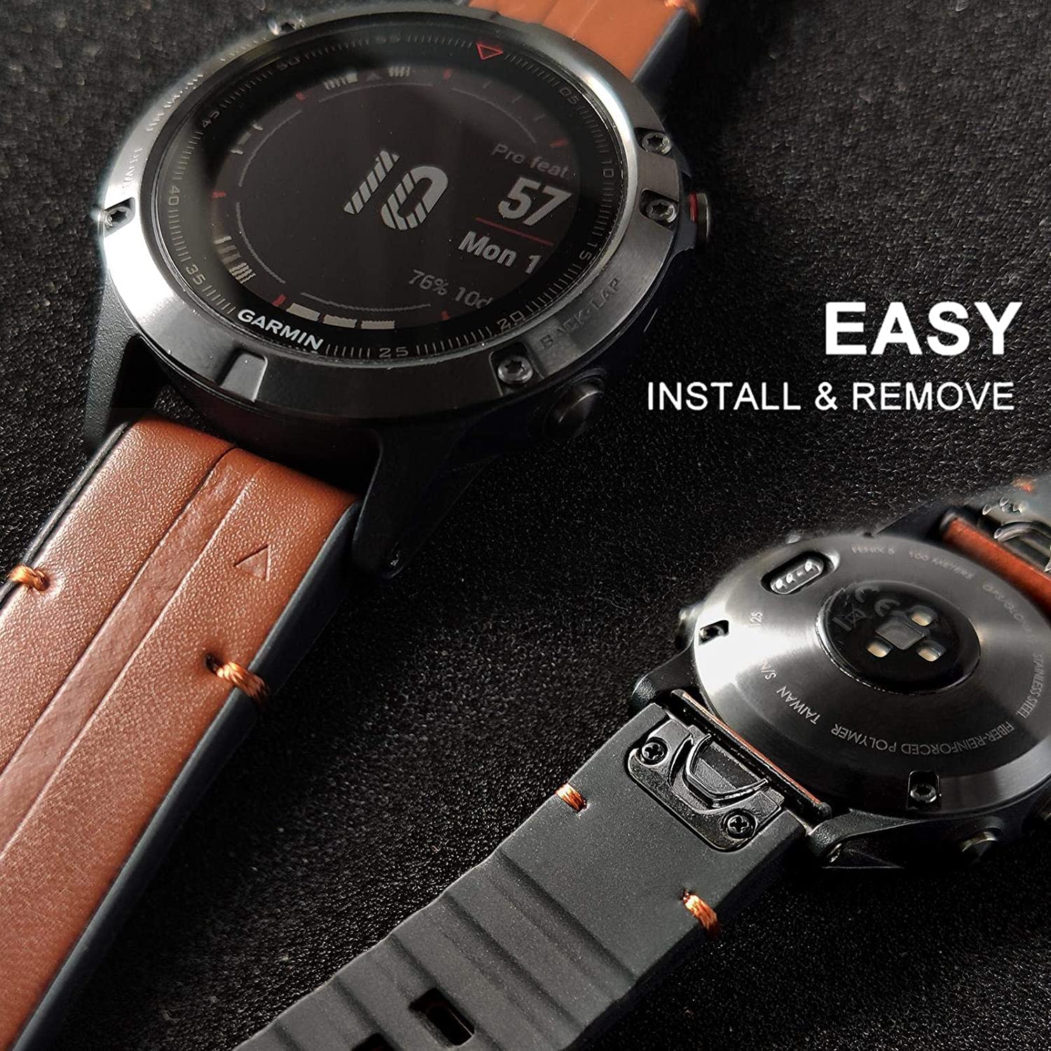 Zitel Band for Fenix 8 51mm, 7X/7X Pro, 6X/6X Pro, 5X/5X Plus, 3/3 HR, Descent MK1, Enduro, Leather Integrated Silicone Strap 26mm - Brown