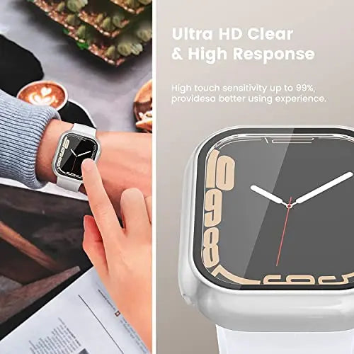 Zitel Case Compatible with Apple Watch Series 7 45mm Hard PC Bumper Case with Built-in 9H Tempered Glass Screen Protector Edge-to-Edge Smart Defense - Silver Zitel