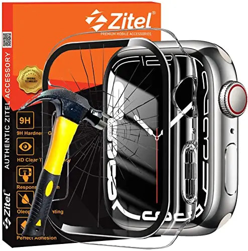 Zitel Case Compatible with Apple Watch Series 7 45mm Hard PC Case Bumper Cover with Built-in 9H Tempered Glass Screen Protector Edge-to-Edge Smart Defense - Clear Zitel