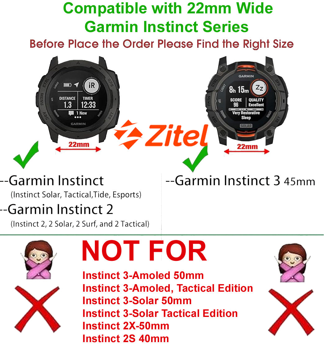 Zitel Band for Garmin Instinct 2 / Instinct 3 45mm - 22mm wide Rugged Nylon Strap - Military Green