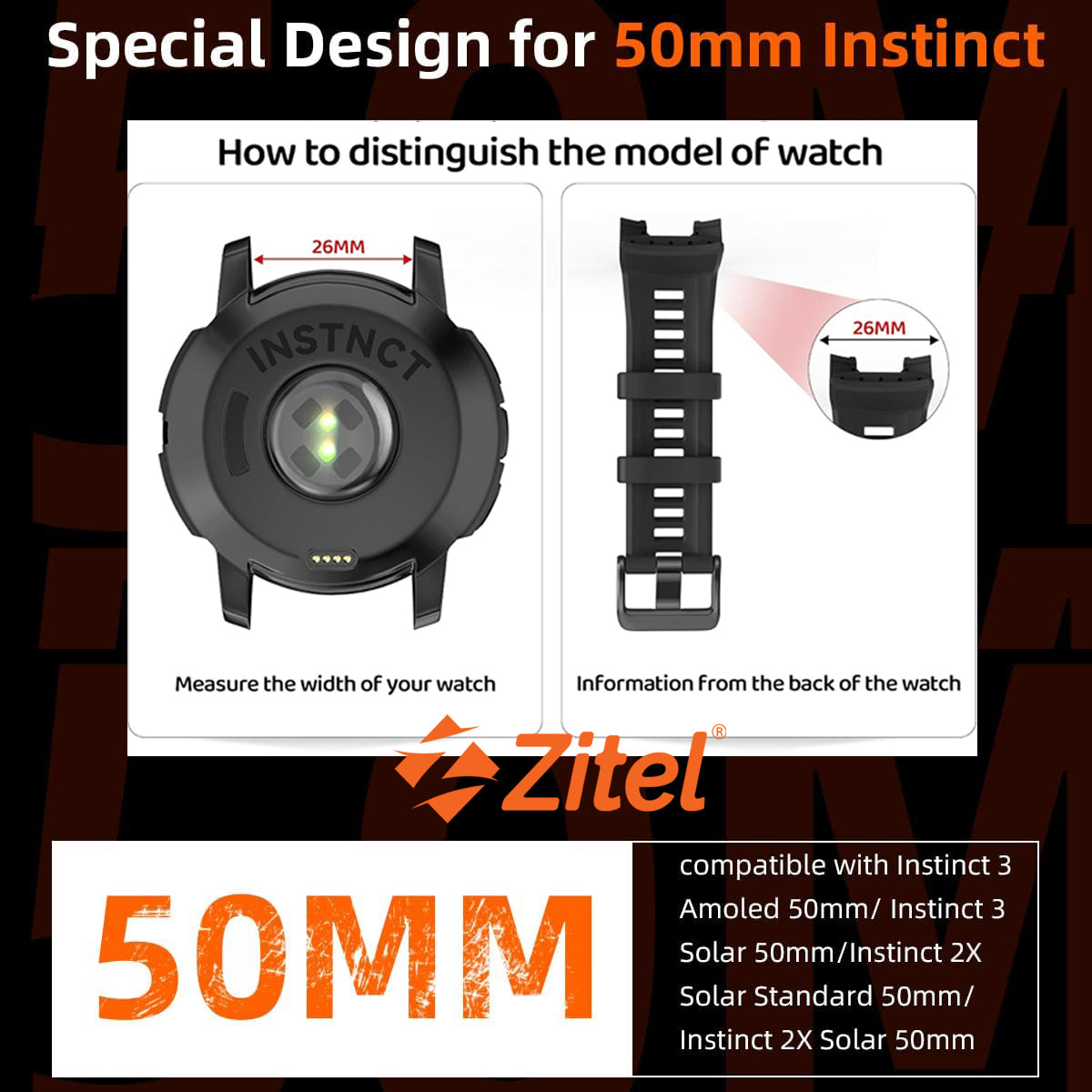 Zitel Band for Garmin Instinct 3 AMOLED/Solar 50mm, Instinct 2X Tactical/Solar 50mm - 26mm Silicone Sport Strap