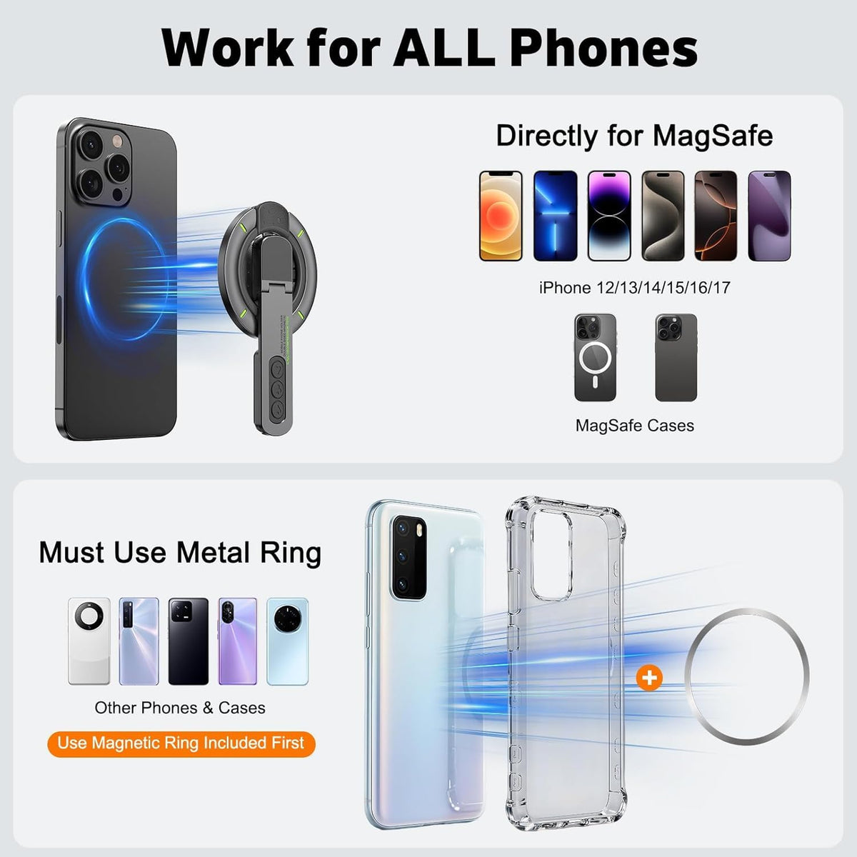 Zitel for MagSafe Double-Sided Magnetic Phone Grip Stand for iPhone, Samsung, Pixel & Android Smartphones - Gray