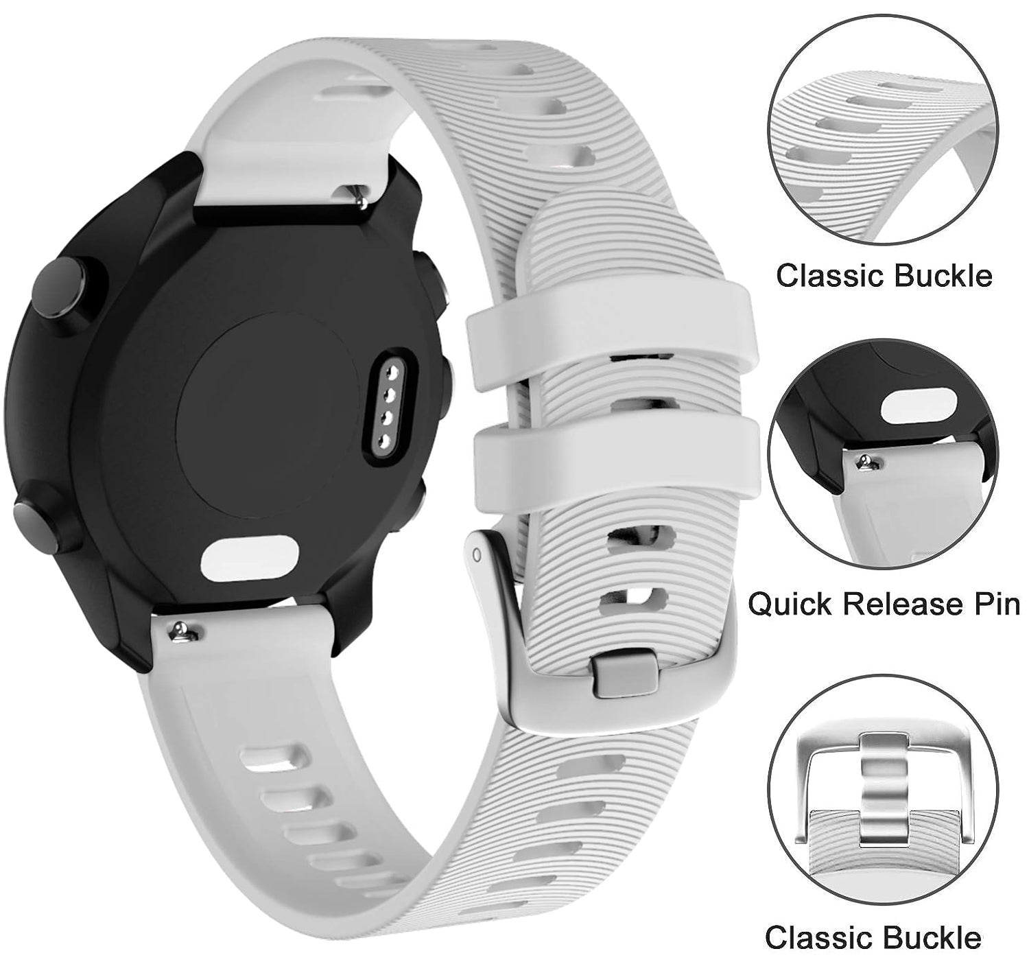 Zitel Bands for Garmin Forerunner 165/245/645, 55/158, Vivoactive 6/5/3/3S, Venu Sq/Sq 2, Venu 2 Plus, 20mm - White