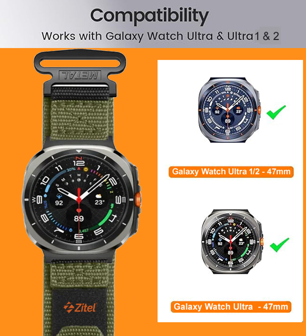 Zitel Band for Samsung Galaxy Watch Ultra 2/Ultra (2026/25/24 ver.) Rugged Nylon 47mm Sports Strap - Army Green