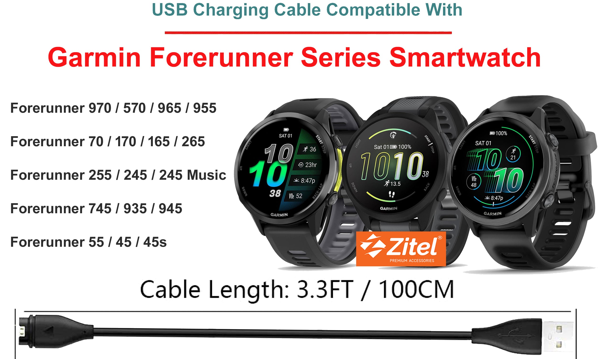 Zitel Charger for Garmin Forerunner 970 / 570 / 965 / 955 / 70 / 170 / 165 / 265 / 255 / 245 / 745 / 935 / 945 / 55 / 45 USB Charging Cable With Dust Plug
