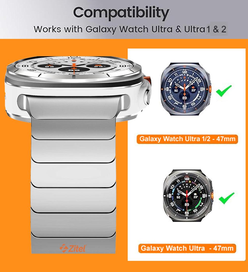 Zitel Stainless Steel No Gap Metal 47mm Band for Samsung Galaxy Watch Ultra 2/Ultra (2026/25/24 ver.) - Silver