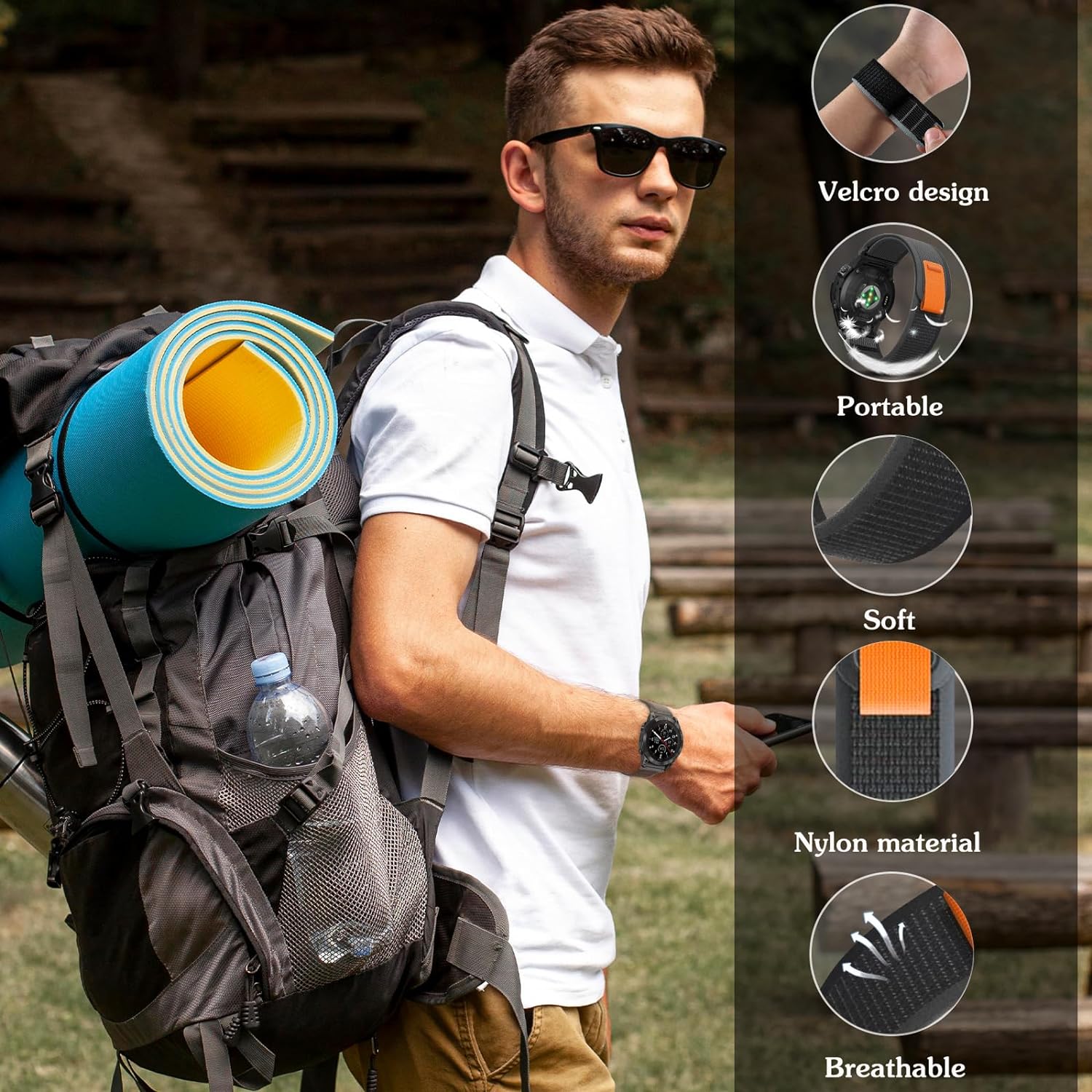 Zitel Band for Garmin Fenix 47mm, 7/7 Pro, 6/6 Pro, 5/5 Plus, Epix Pro/Gen 47mm, Forerunner 965/955/945/935, Nylon 22mm Sports Strap Black