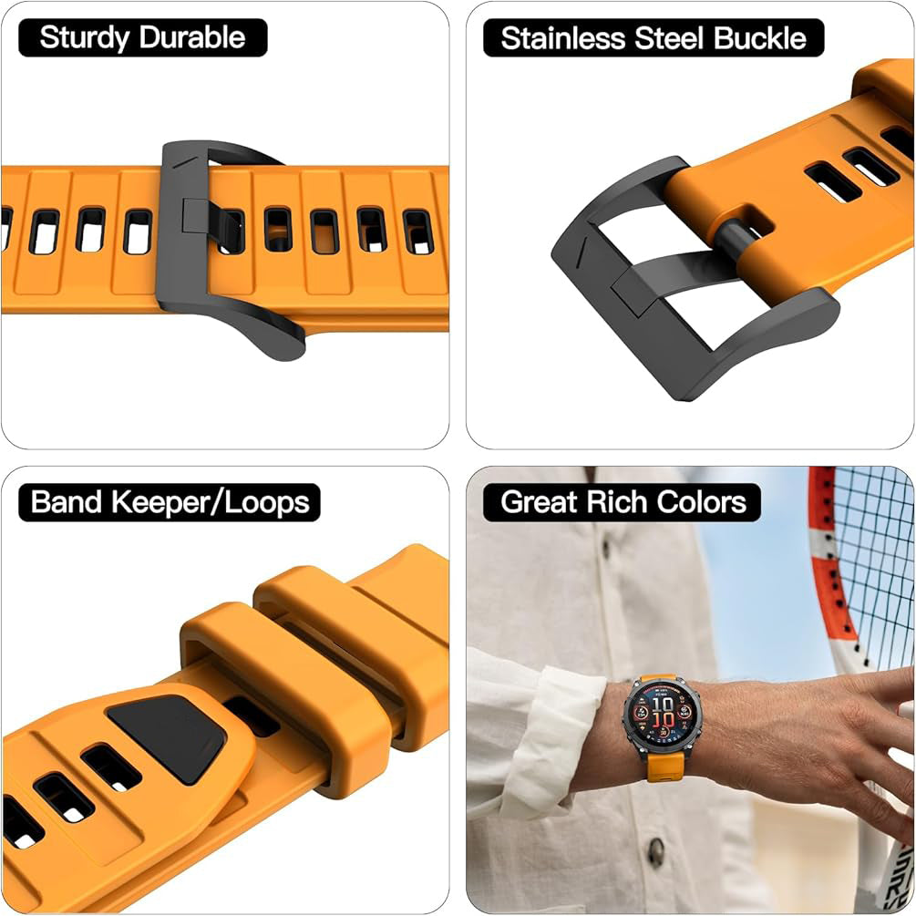 Zitel Band for Fenix 8 AMOLED 51mm, 7X/7X Pro, 6X/6X Pro, 5X/5X Plus, 3/3 HR, MK1/2i/3i, Enduro 3/2, 26mm Sport Strap - Orange & Black
