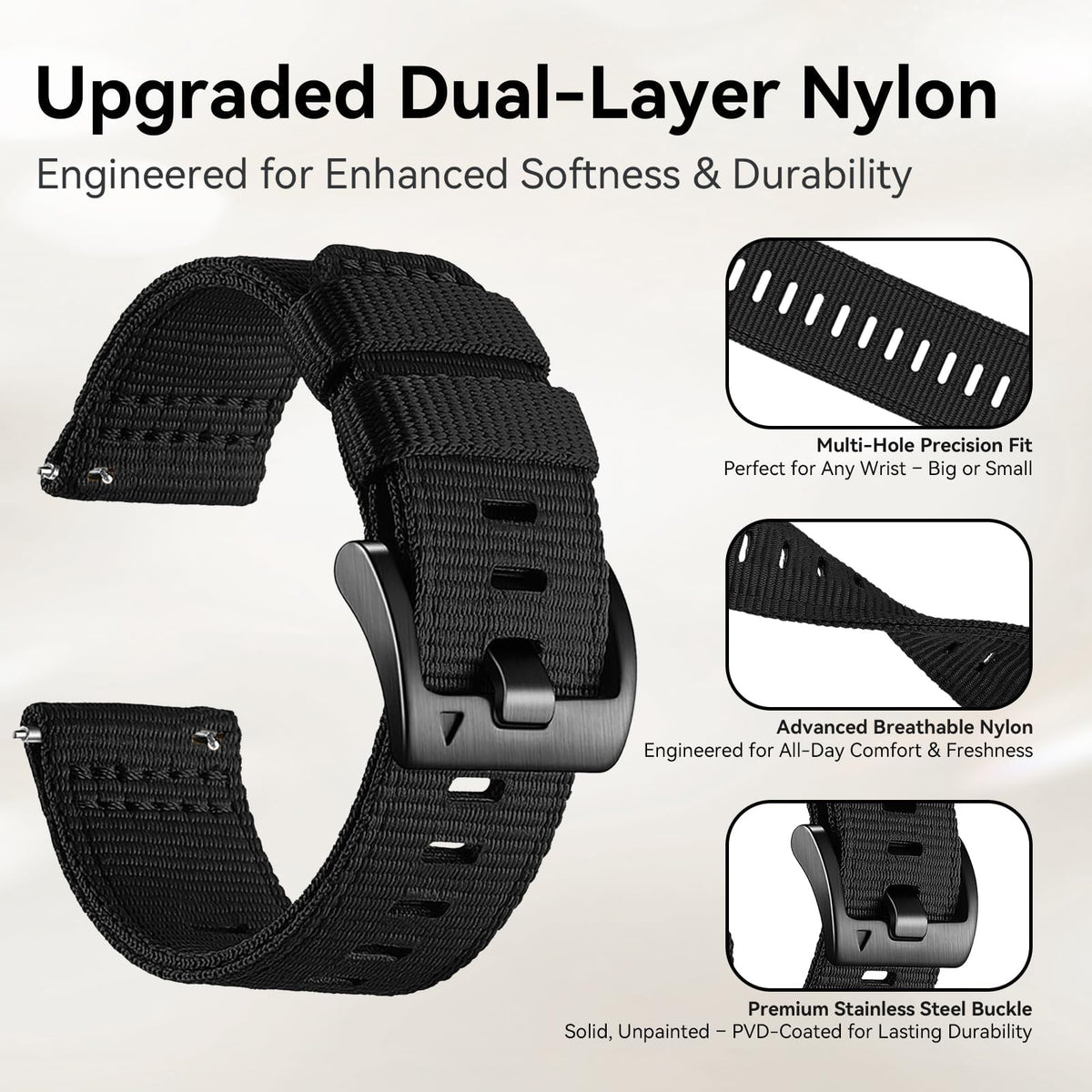 Zitel Band for COROS PACE 4/PACE 3/PACE Pro/APEX 2 Pro/APEX Pro/APEX 46mm - 22mm wide Rugged Nylon Sport Strap - Black