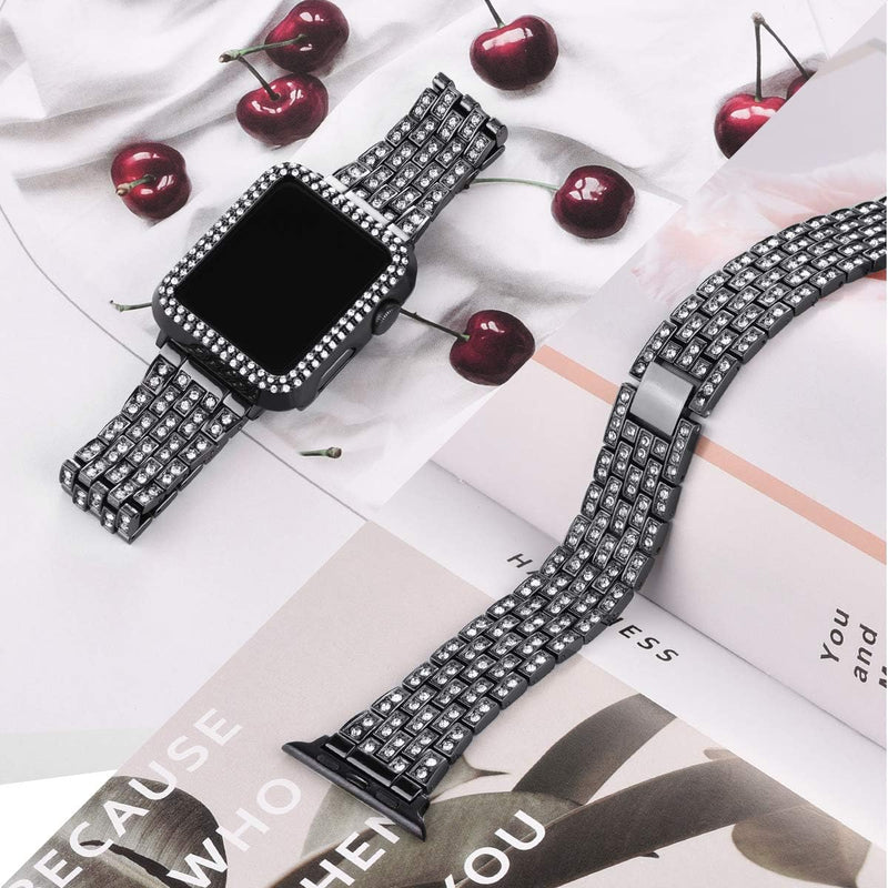 Zitel Band for Apple Watch Bling Diamond Rhinestone Strap + Case for Women Girls iWatch - Black