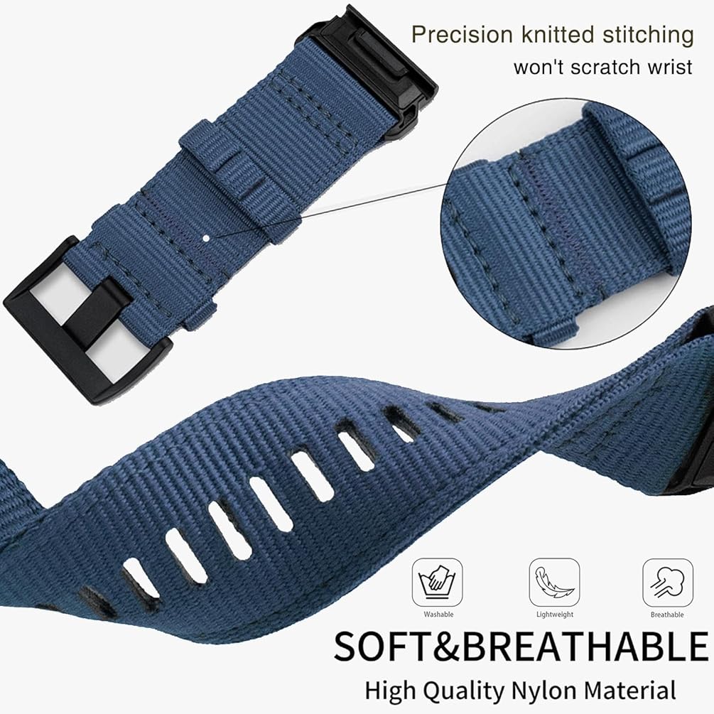 Zitel Band for Garmin Fenix 8 AMOLED 47mm, Fenix E/7/7 Pro, 6/6 Pro, Forerunner 970/965/955, Rugged Nylon 22mm wide Sport Strap - Blue