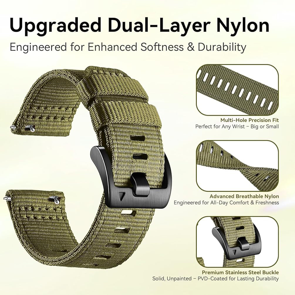 Zitel Band for COROS PACE 4/PACE 3/PACE Pro/APEX 2 Pro/APEX Pro/APEX 46mm - 22mm wide Rugged Nylon Sport Strap - Army Green