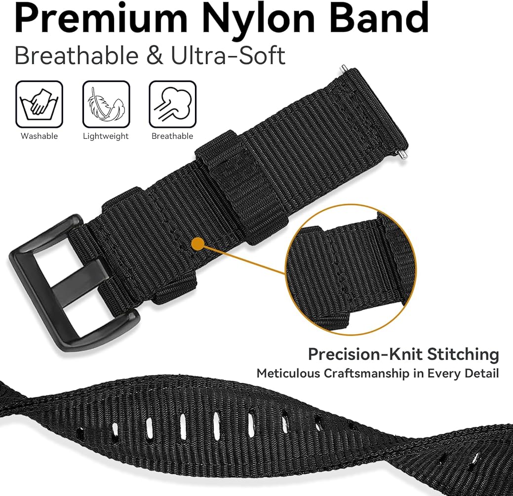 Zitel Band for COROS PACE 4/PACE 3/PACE Pro/APEX 2 Pro/APEX Pro/APEX 46mm - 22mm wide Rugged Nylon Sport Strap - Black
