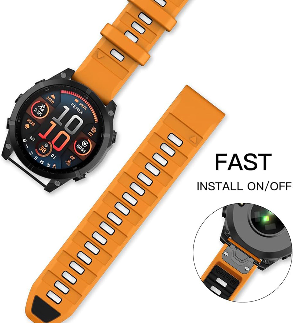 Zitel Band for Fenix 8 AMOLED 51mm, 7X/7X Pro, 6X/6X Pro, 5X/5X Plus, 3/3 HR, MK1/2i/3i, Enduro 3/2, 26mm Sport Strap - Orange & Black