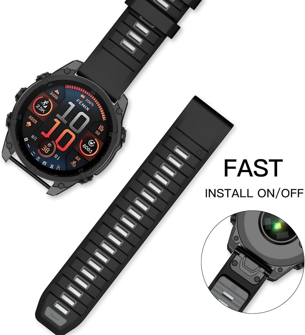 Zitel Band for Fenix 8 AMOLED 51mm, 7X/7X Pro, 6X/6X Pro, 5X/5X Plus, 3/3 HR, MK1/2i/3i, Enduro 3/2, 26mm Sport Strap - Black & Grey