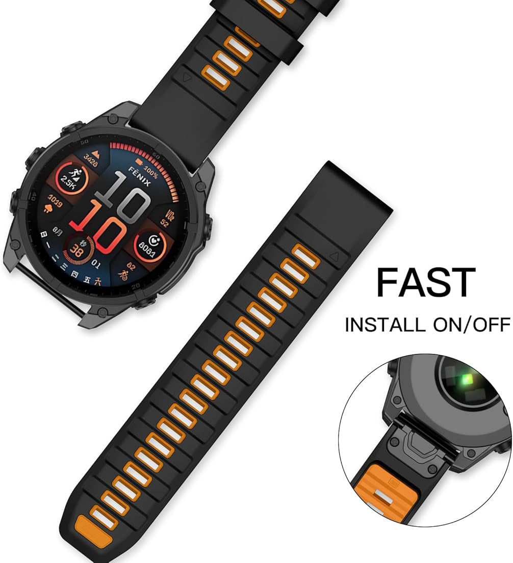 Zitel Band for Garmin Fenix 8 AMOLED 47mm, Fenix E/7/7 Pro, 6/6 Pro, Forerunner 970/965/955, QuickFit 22mm wide Silicone Sport Strap - Black & Orange