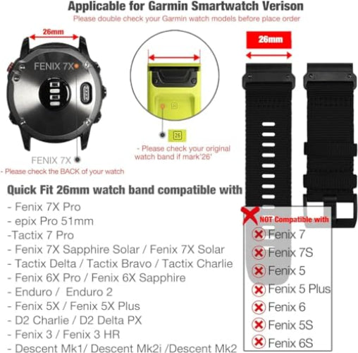 Zitel Band for Fenix 8 51mm, 7X/7X Pro, 6X/6X Pro, 5X/5X Plus, 3/3 HR, Descent MK1, Enduro, Rugged Nylon 26mm Sport Strap - Black