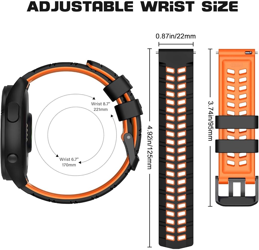Zitel Band for Garmin Forerunner 265 / 255, Vivoactive 4 45mm, Venu 2 45mm. Venu 3, 22mm Strap - Black/Orange