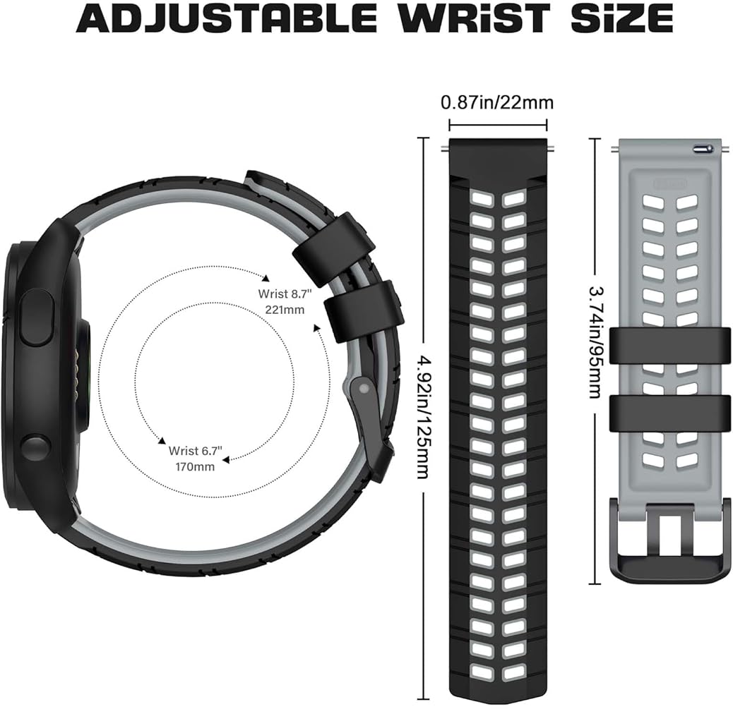 Zitel Band for Garmin Forerunner 265 / 255, Vivoactive 4 45mm, Venu 2 45mm. Venu 3, 22mm Strap - Black/Gray
