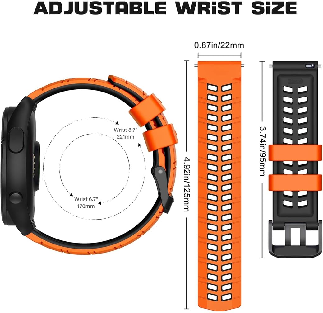 Zitel Band for Garmin Forerunner 265, 255, 245 Music, Vivoactive 4 45mm, Venu 245 mm, Venu 3  45mm, 22mm Wide Strap - Orange&Black
