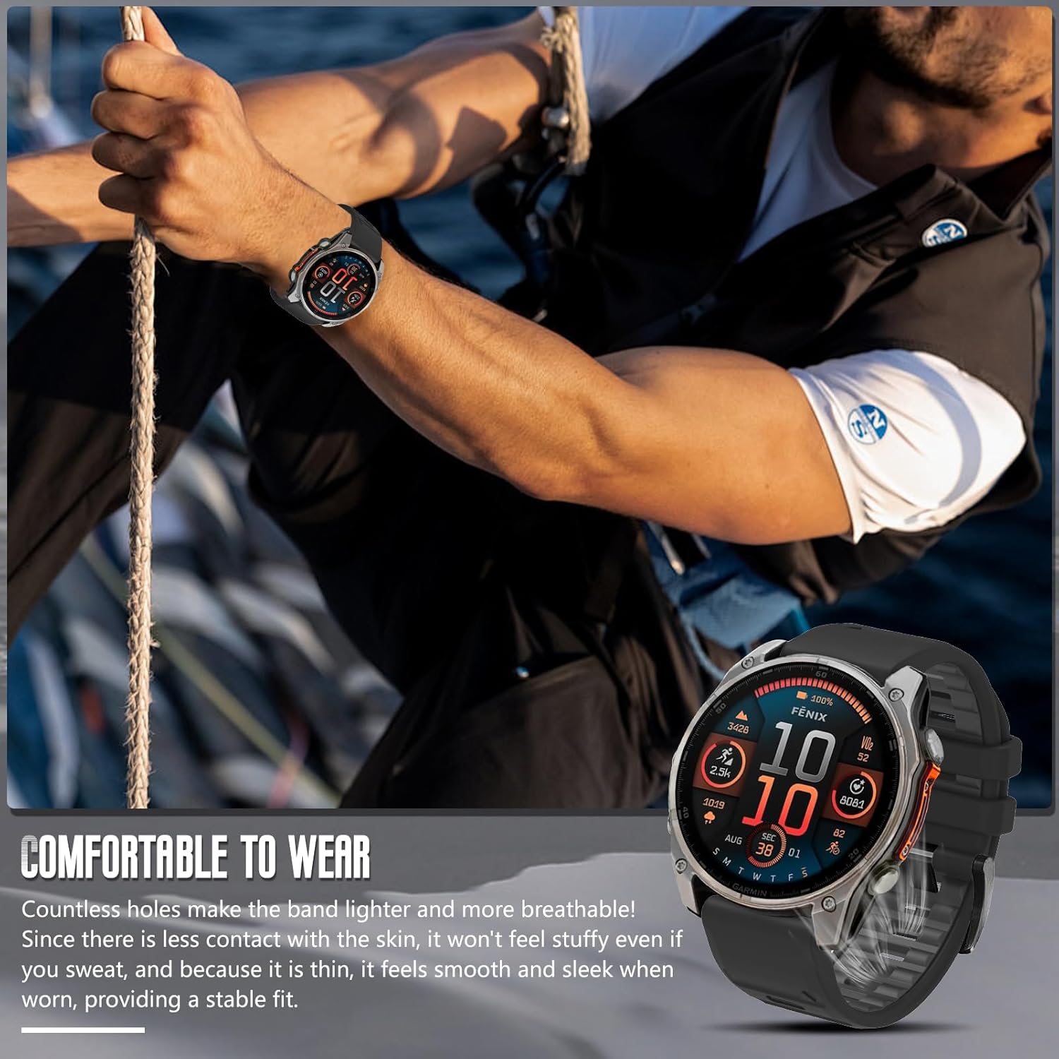 Zitel Band for Fenix 8 AMOLED 51mm, 7X/7X Pro, 6X/6X Pro, 5X/5X Plus, 3/3 HR, MK1/2i/3i, Enduro 3/2, 26mm Sport Strap - Black & Grey