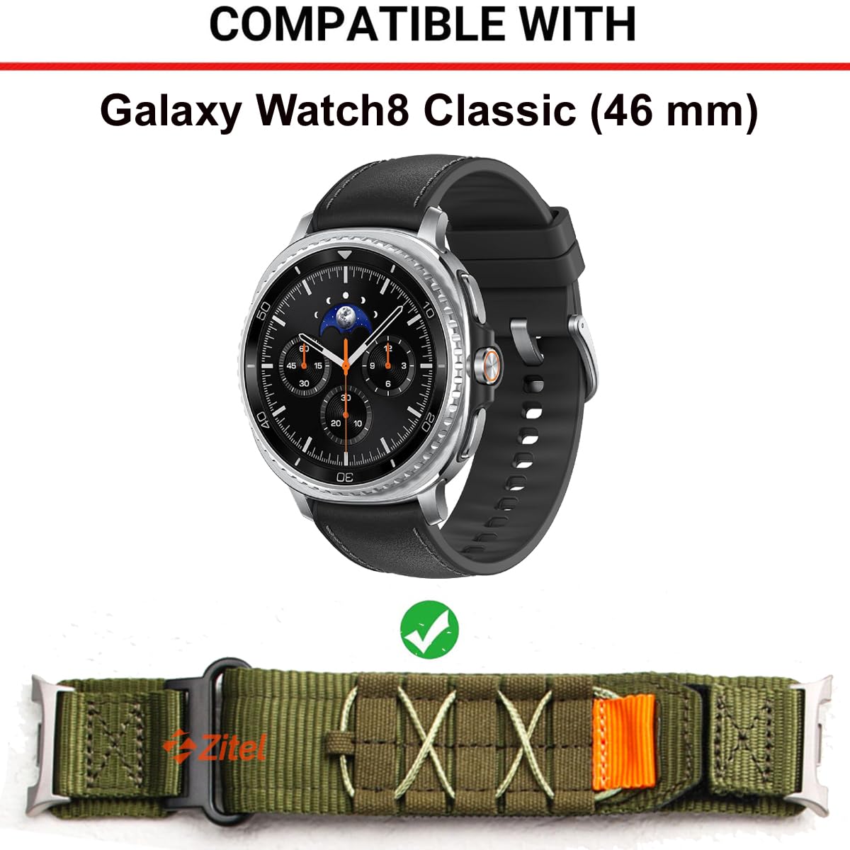 Zitel Band for Samsung Galaxy Watch8 Classic 46mm (2025) Rugged Nylon Sports Strap (Army Green)