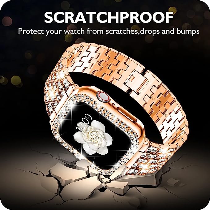 Zitel Band for Apple Watch 44mm Bling Diamond Rhinestone Strap + Case for Women Girls -  Rose Gold
