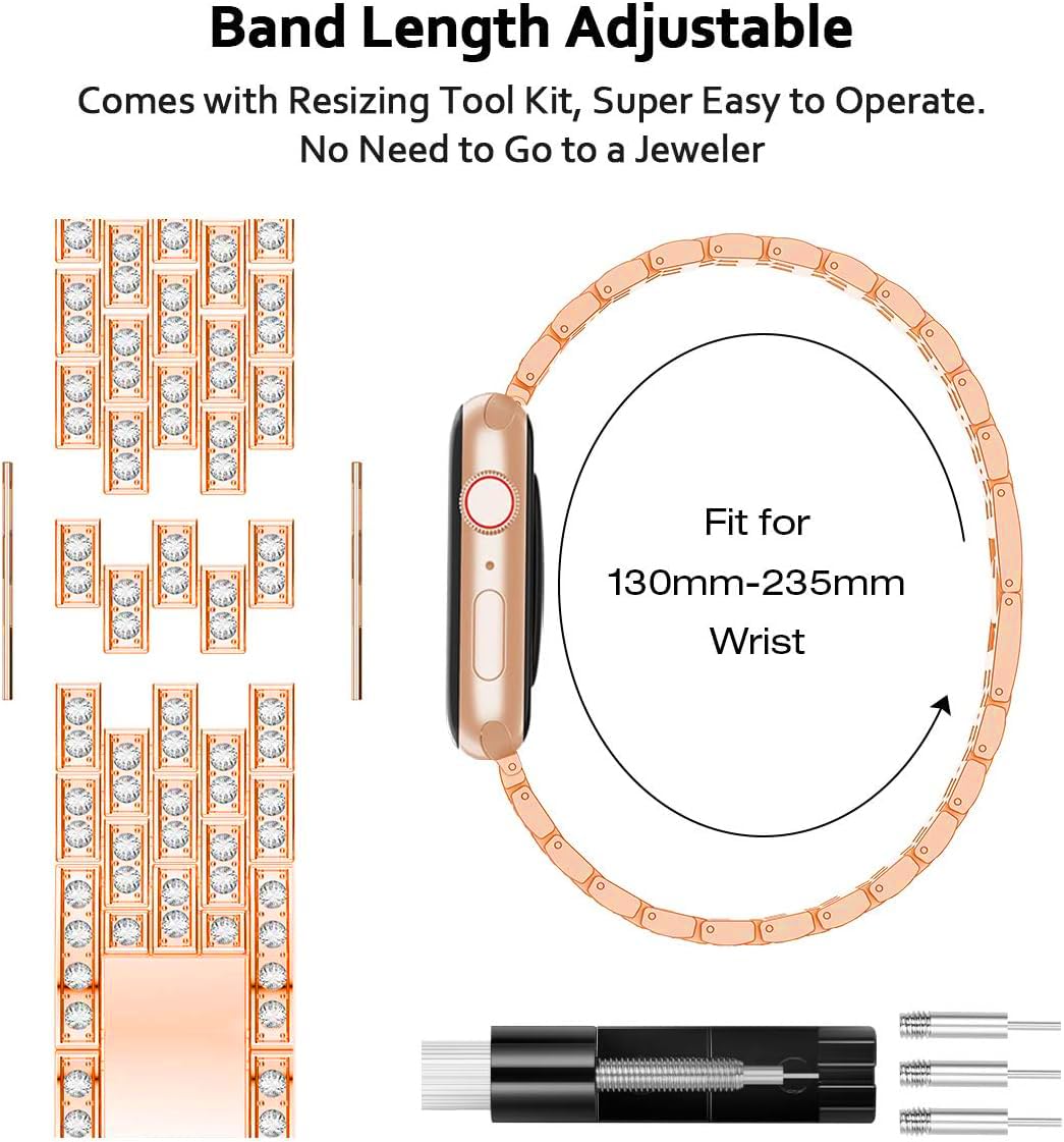 Zitel Band for Apple Watch 44mm Bling Diamond Rhinestone Strap + Case for Women Girls -  Rose Gold