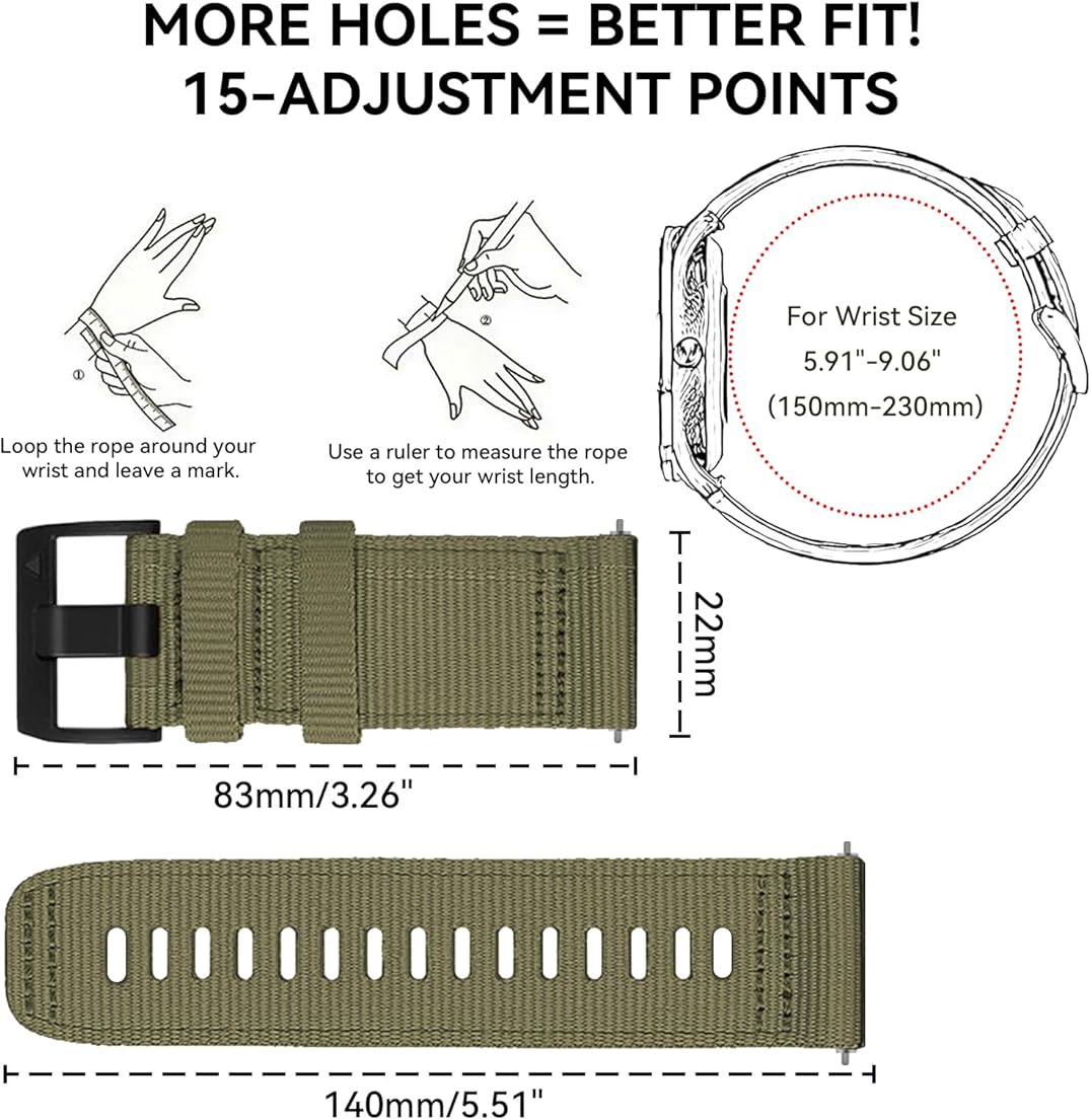 Zitel Band for COROS PACE 4/PACE 3/PACE Pro/APEX 2 Pro/APEX Pro/APEX 46mm - 22mm wide Rugged Nylon Sport Strap - Army Green