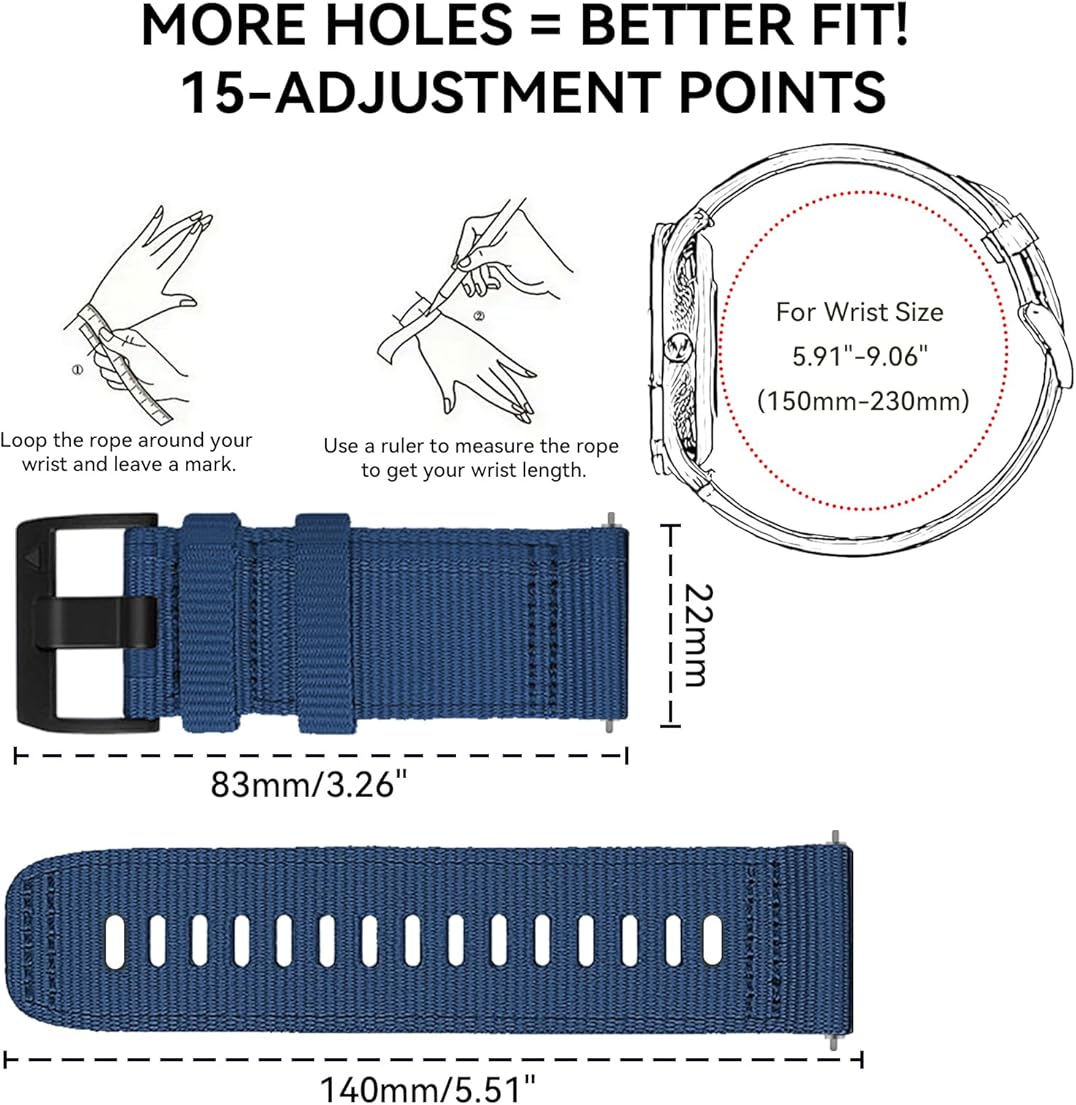Zitel Band for COROS PACE 4/PACE 3/PACE Pro/APEX 2 Pro/APEX Pro/APEX 46mm - 22mm wide Rugged Nylon Sport Strap - Blue