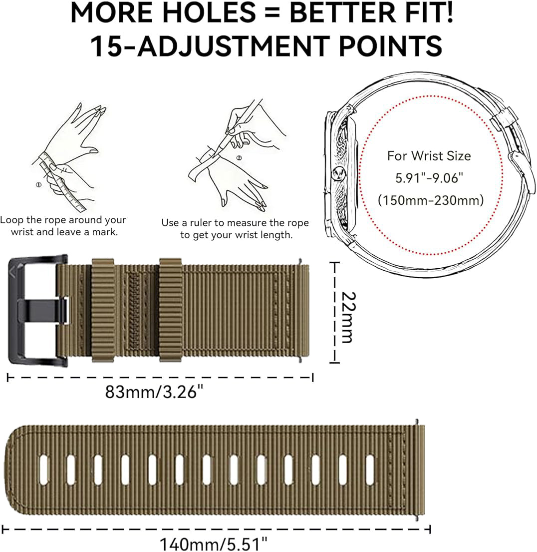 Zitel Band for COROS PACE 4/PACE 3/PACE Pro/APEX 2 Pro/APEX Pro/APEX 46mm - 22mm wide Rugged Nylon Sport Strap - Khaki