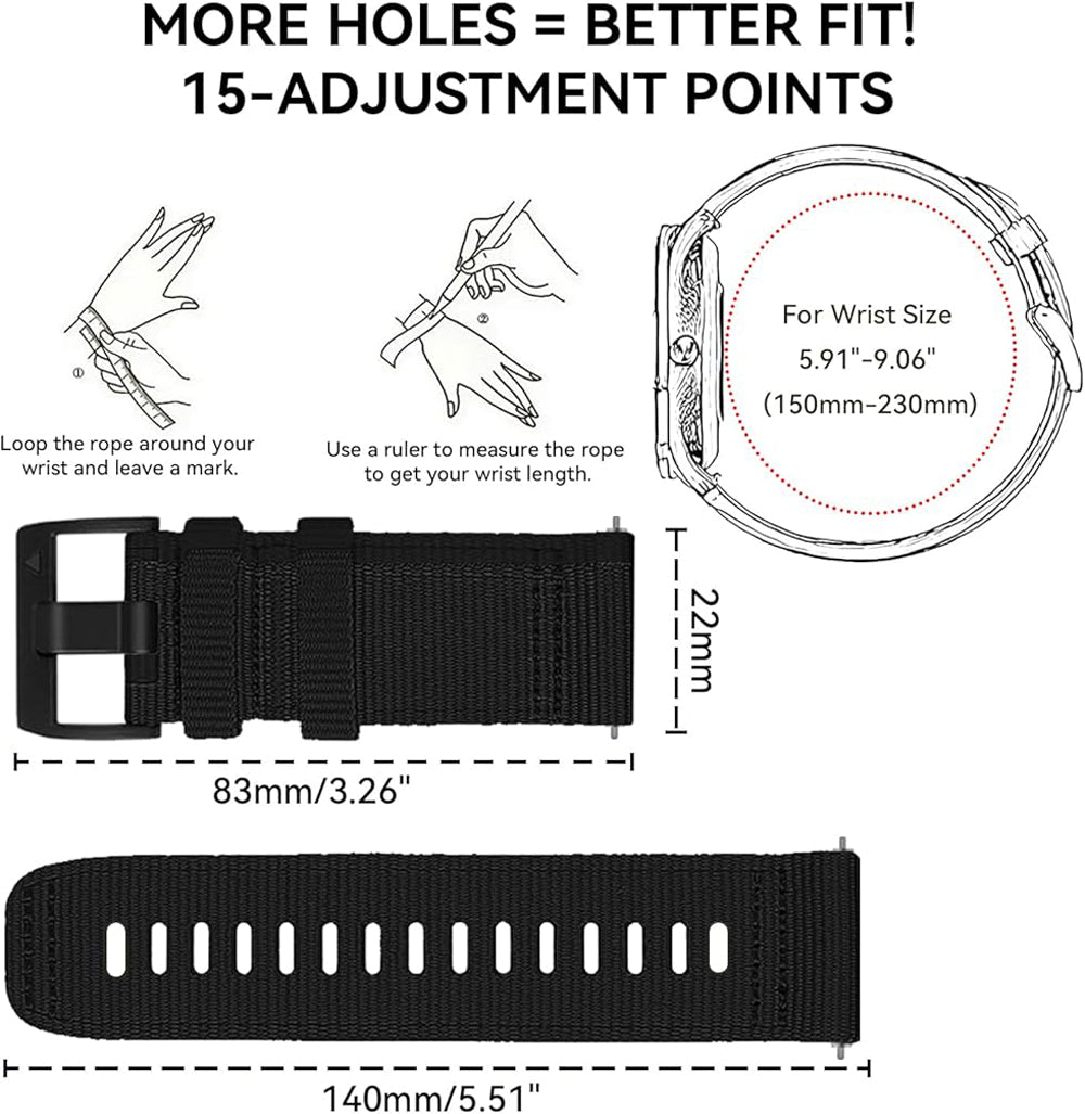Zitel Band for COROS PACE 4/PACE 3/PACE Pro/APEX 2 Pro/APEX Pro/APEX 46mm - 22mm wide Rugged Nylon Sport Strap - Black
