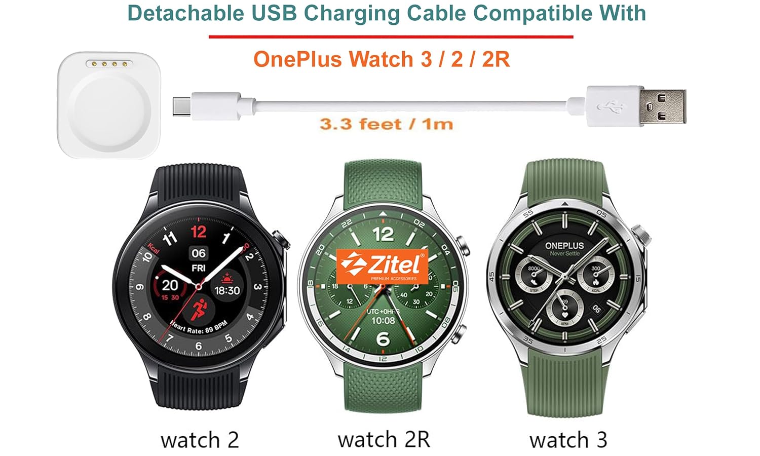 Zitel Charger for OnePlus Watch 3 / 2 / 2R Charging USB Cable - White