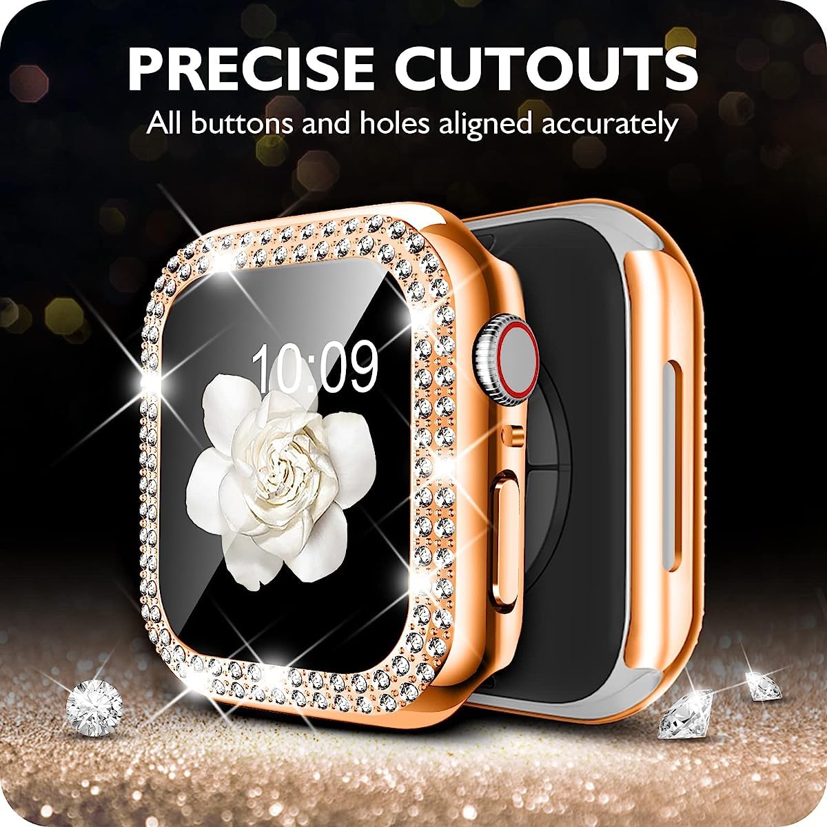 Zitel Band for Apple Watch 44mm Bling Diamond Rhinestone Strap + Case for Women Girls -  Rose Gold