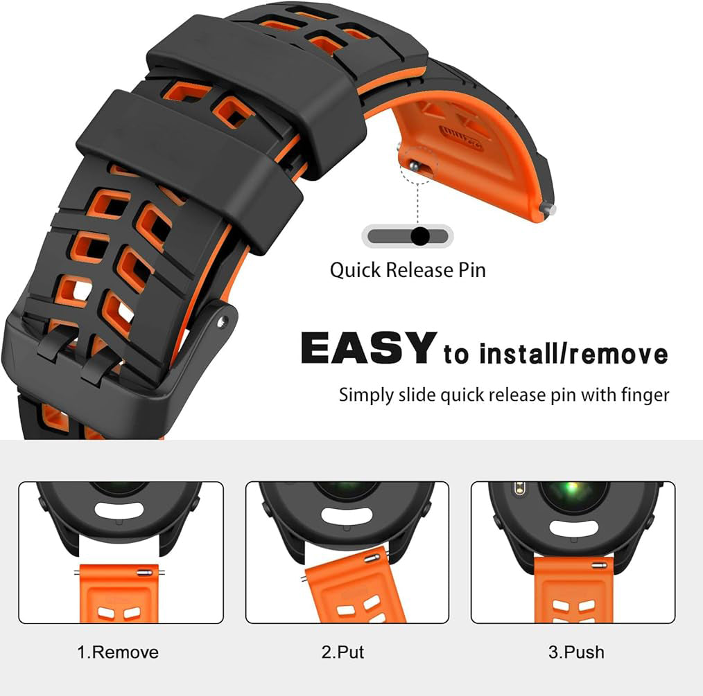 Zitel Band for Garmin Forerunner 265 / 255, Vivoactive 4 45mm, Venu 2 45mm. Venu 3, 22mm Strap - Black/Orange