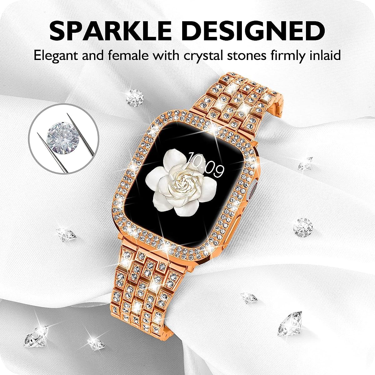 Zitel Band for Apple Watch 44mm Bling Diamond Rhinestone Strap + Case for Women Girls -  Rose Gold