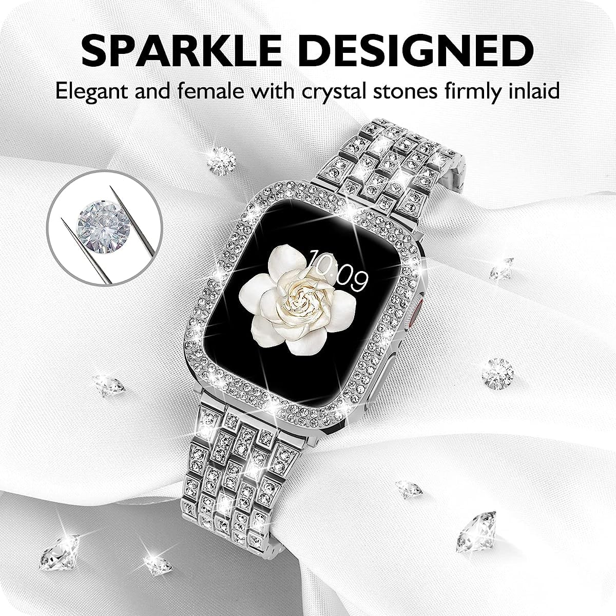 Zitel Band for Apple Watch 46mm Series 10 Bling Diamond Rhinestone Strap + Case for Women Girls - Silver
