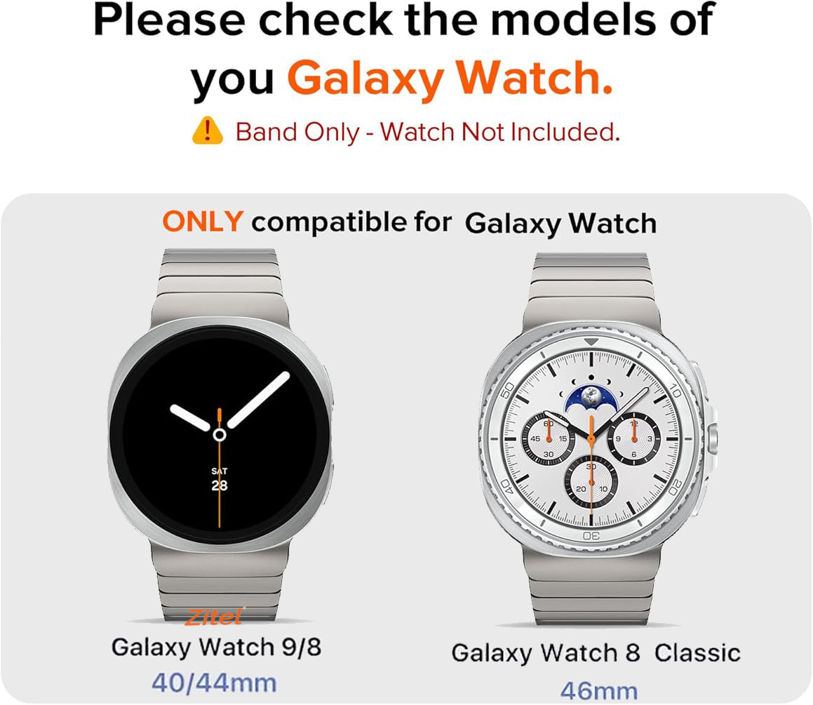 Zitel Stainless Steel No Gap Metal Band for Samsung Galaxy Watch 9 / 8 / Watch 8 Classic - Titanium