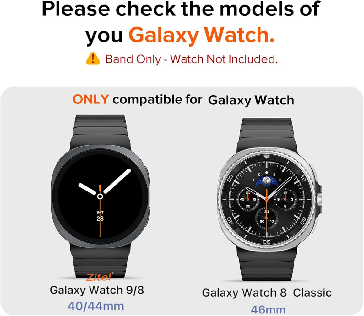 Zitel Stainless Steel No Gap Metal Band for Samsung Galaxy Watch 9 / 8 / Watch 8 Classic - Black
