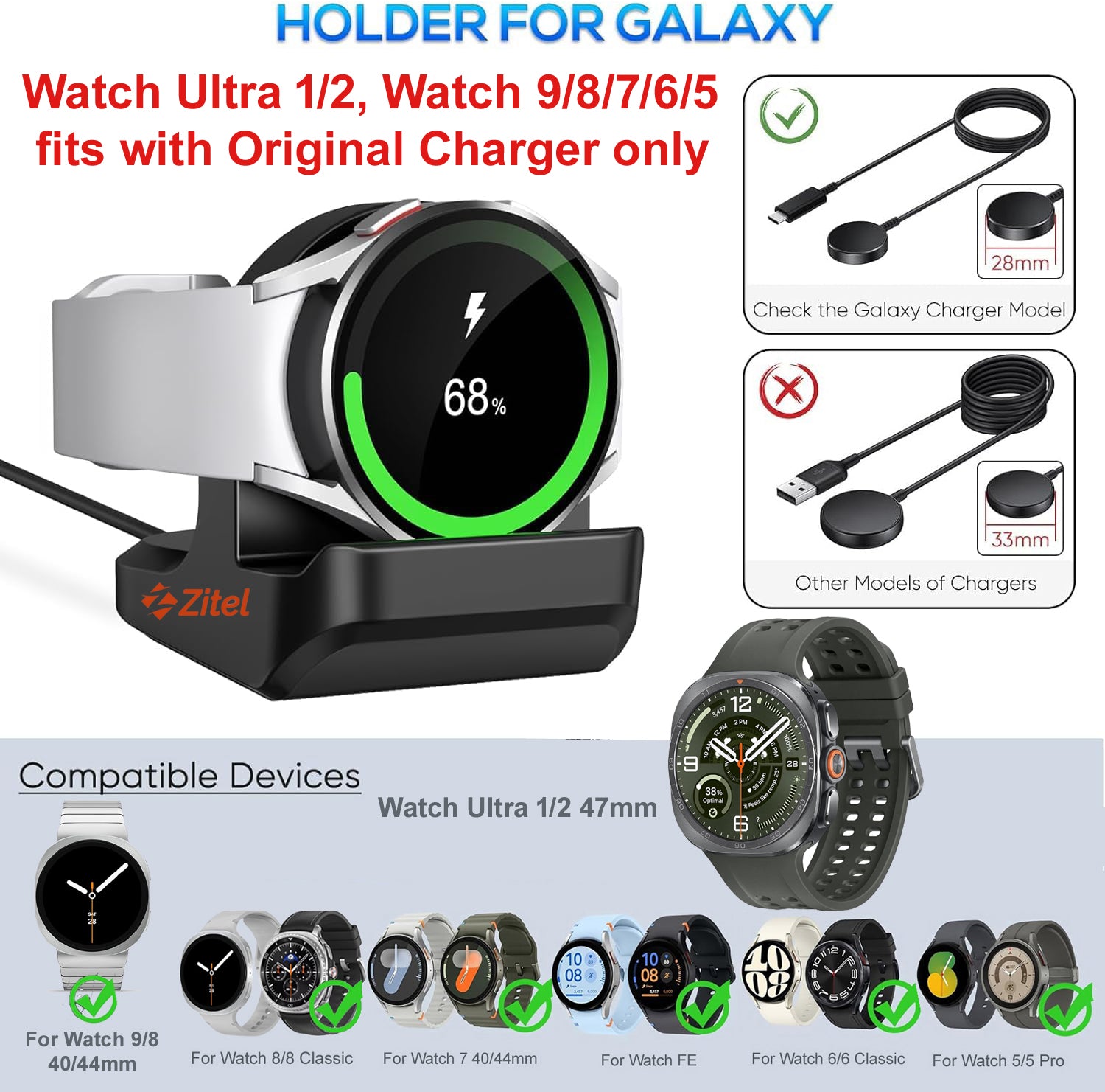 Zitel Charging Stand for Samsung Galaxy Watch Ultra 2/Ultra, Watch 9/8/7/6/5, Silicone Non-Slip Charging Dock