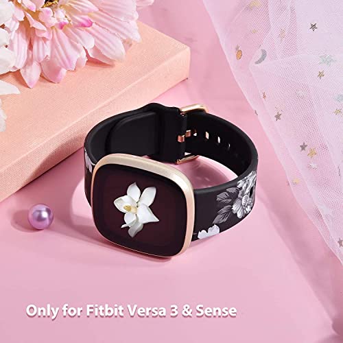 Zitel® Bands Compatible with Fitbit Versa 3 Straps for Women Girls, Floral Silicone Printed Fadeless Pattern Sports Bands for Versa 3 / Sense Smart Watch - Black Flower