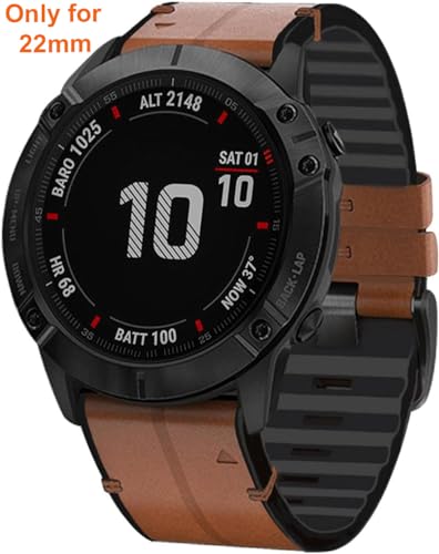 Zitel Bands for Garmin Fenix 6/6 Pro, Fenix 7/7 Solar, Fenix 5/5 Plus, Epix Gen 2, Approach S62, new Forerunner 955/945/935, Leather Integrated with Silicone Sport Strap 22mm - Brown