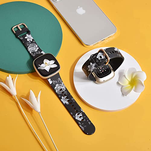 Zitel® Bands Compatible with Fitbit Versa 3 Straps for Women Girls, Floral Silicone Printed Fadeless Pattern Sports Bands for Versa 3 / Sense Smart Watch - Black Flower