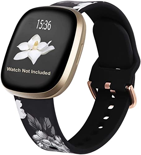 Zitel® Bands Compatible with Fitbit Versa 3 Straps for Women Girls, Floral Silicone Printed Fadeless Pattern Sports Bands for Versa 3 / Sense Smart Watch - Black Flower