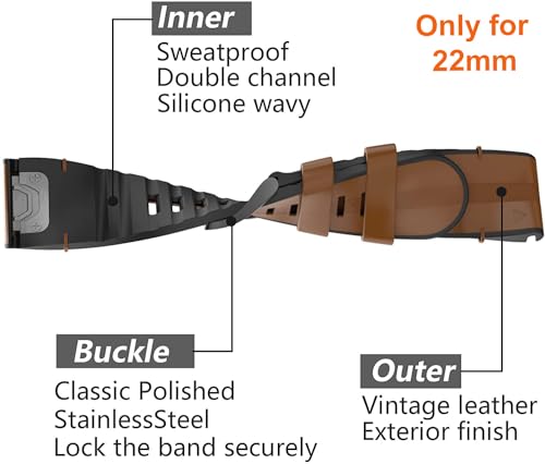 Zitel Bands for Garmin Fenix 6/6 Pro, Fenix 7/7 Solar, Fenix 5/5 Plus, Epix Gen 2, Approach S62, new Forerunner 955/945/935, Leather Integrated with Silicone Sport Strap 22mm - Brown