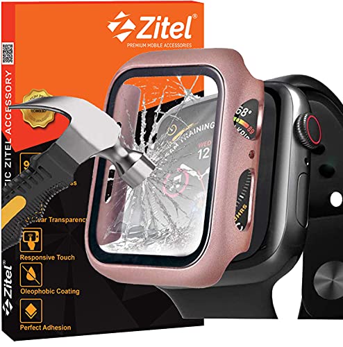Zitel Case Bumper Cover with Built-in 9H Tempered Glass Screen Protector Compatible with Apple Watch 40mm Series 6, SE Series, 5 Series, 4 Series Edge-to-Edge 360 Degree Smart Defense - Rose Gold