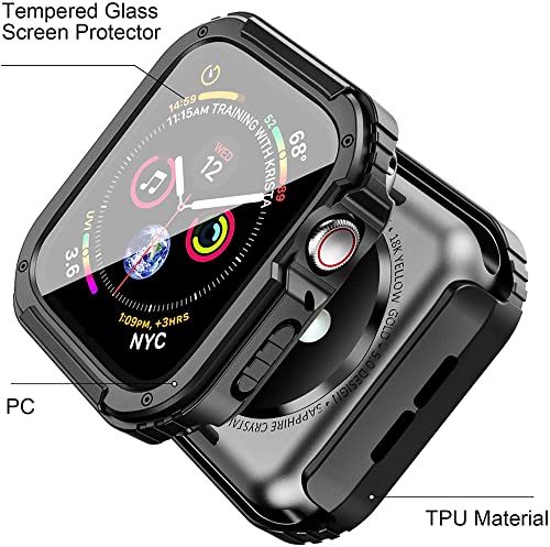 Zitel Rugged Case Compatible with Apple Watch 44mm Series SE 6/5/4 Military Grade Hard PC Bumper Cover with Built-in 9H Tempered Glass Screen Protector Edge-to-Edge Smart Defense - Black